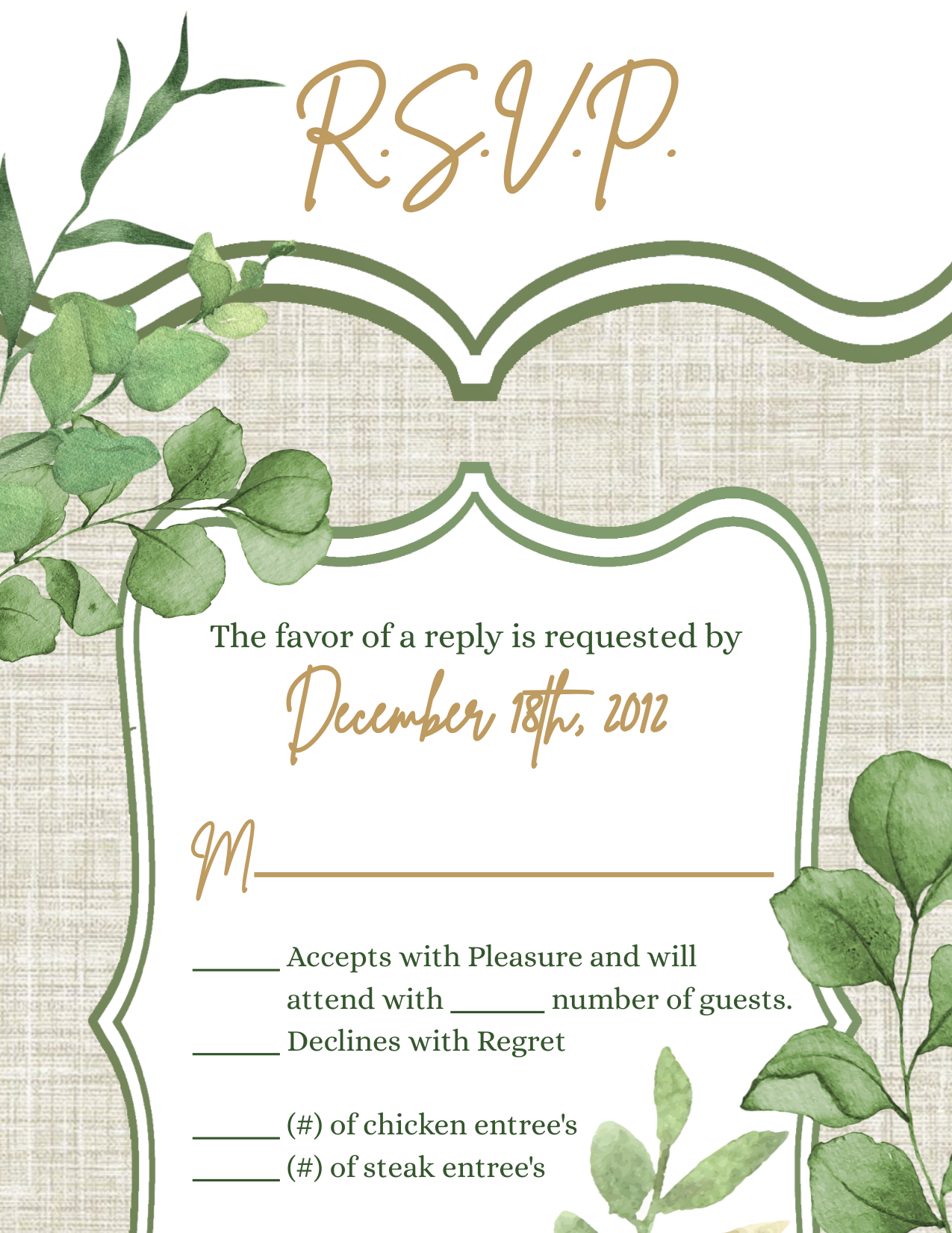 3.5x5 Vertical PRINTED Wedding R.S.V.P. Card - Gray and Green Botanical Leaves Plants