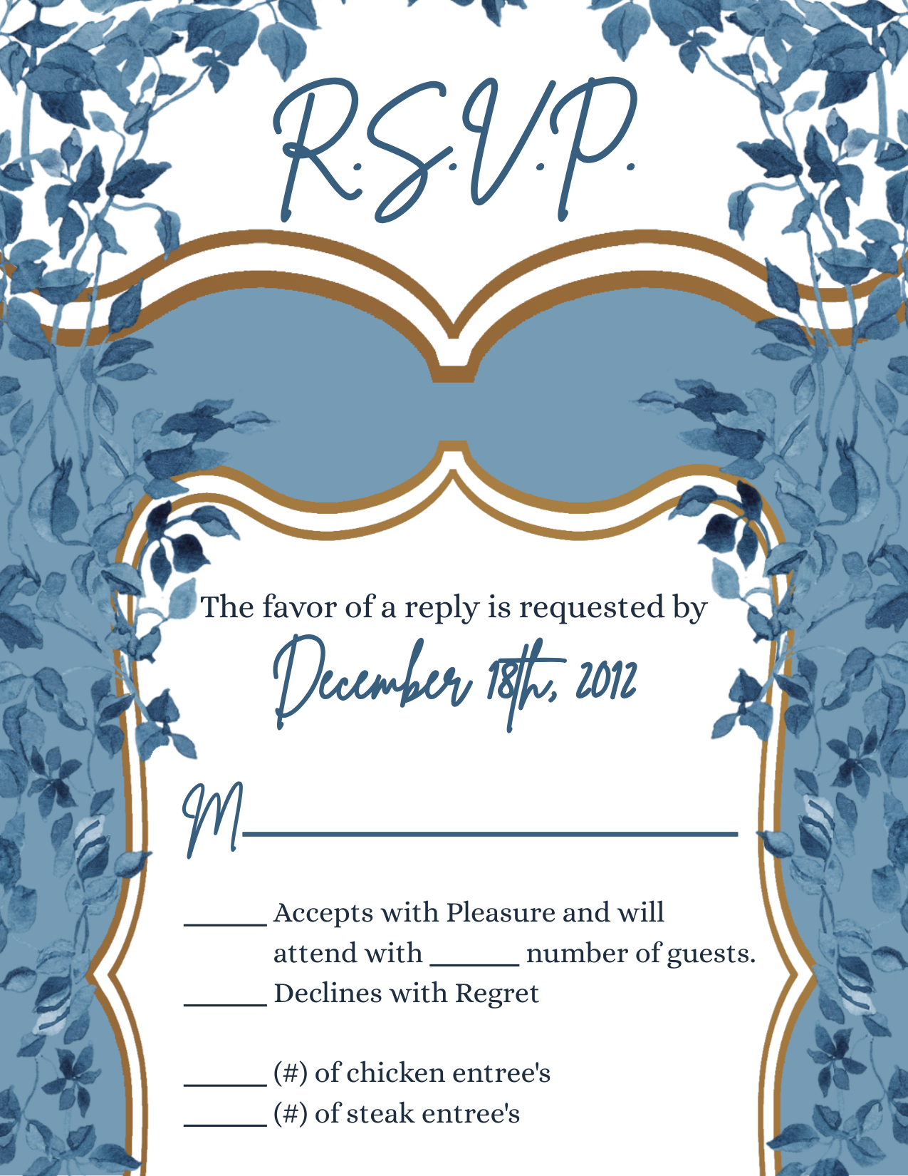 3.5x5 Vertical PRINTED Wedding R.S.V.P. Card - Blue and Gold Floral Garland Leaves