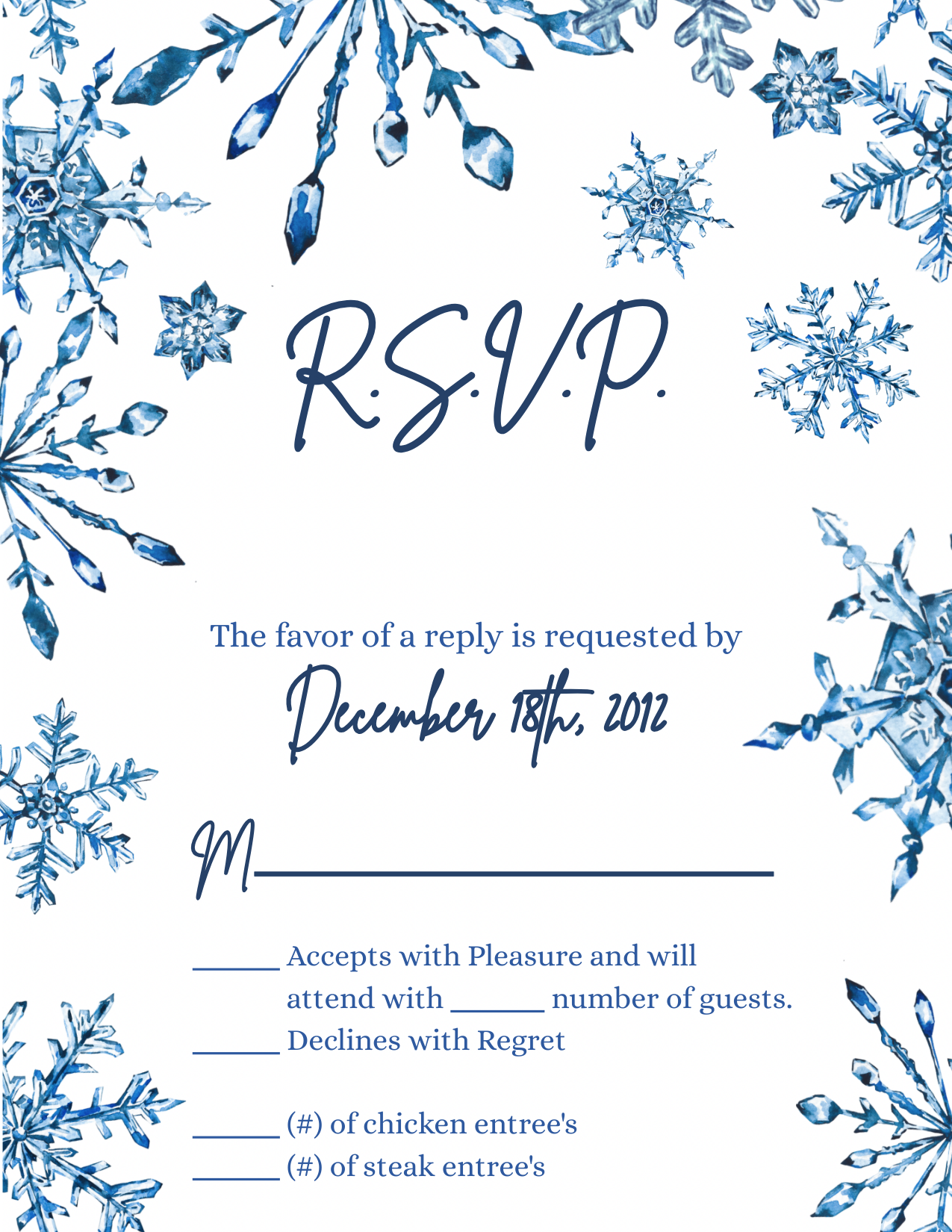 3.5x5 Vertical PRINTED Wedding R.S.V.P. Card - White and Blue Jewel Snowflakes Winter