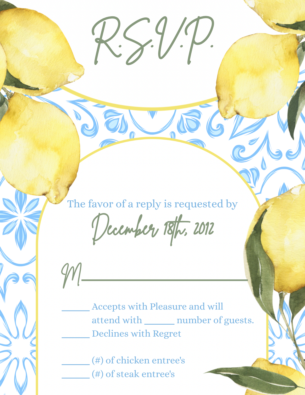 3.5x5 Vertical PRINTED Wedding R.S.V.P. Card - Light Blue, Yellow, and White Damask Tile Lemon Simplistic