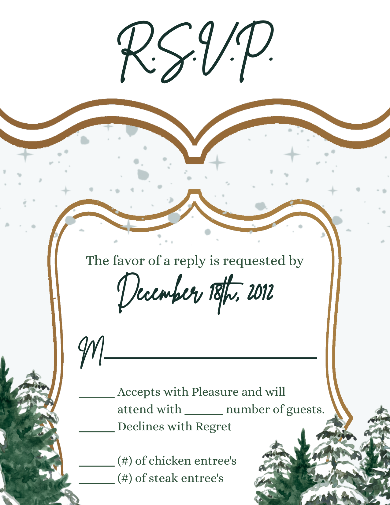 3.5x5 Vertical PRINTED Wedding R.S.V.P. Card - Green and White Winter Trees Snow Leaves