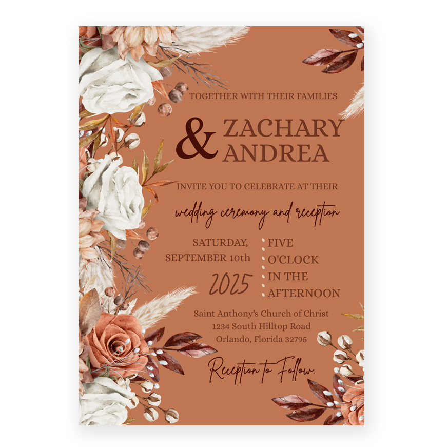 5x7 PRINTED Wedding Invitation - Brown Boho Bohemian Rust Floral Flowers