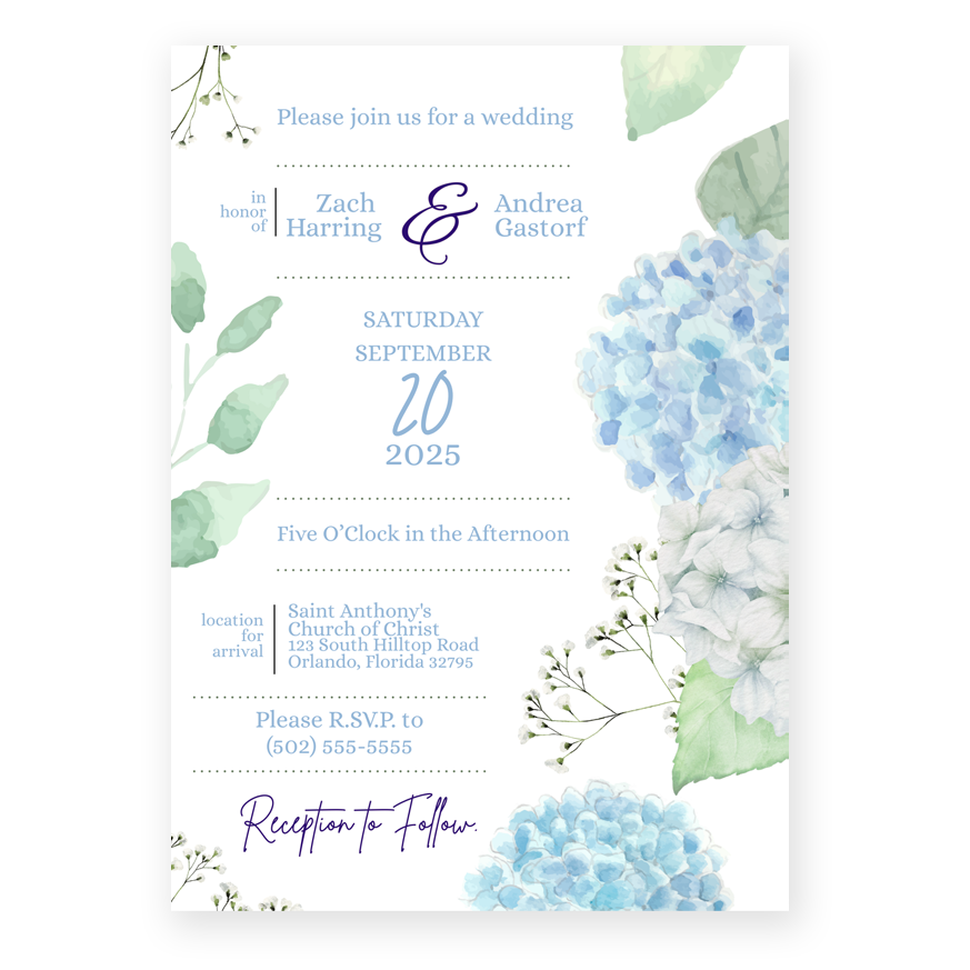5x7 PRINTED Wedding Invitation - Blue and White Hydrangeas Floral Flowers 002