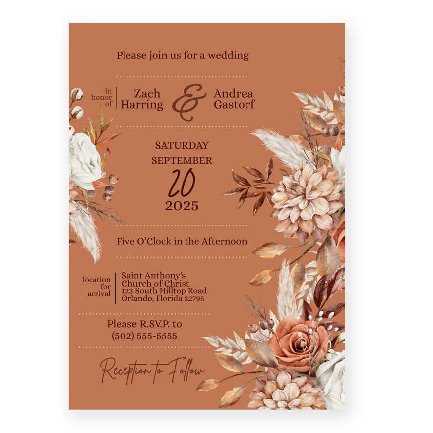 5x7 PRINTED Wedding Invitation - Brown Boho Bohemian Rust Floral Flowers 002