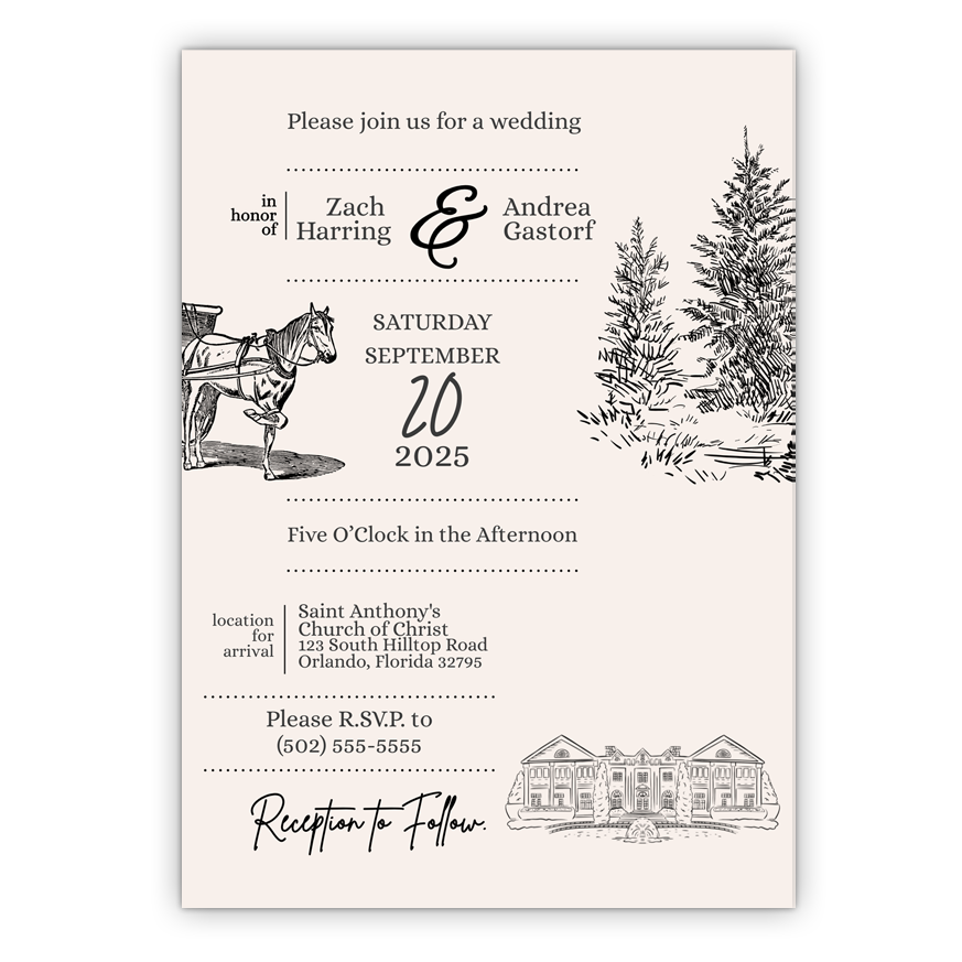 5x7 PRINTED Wedding Invitation - Cream and White Elegant Mansion Horse Carriage 002