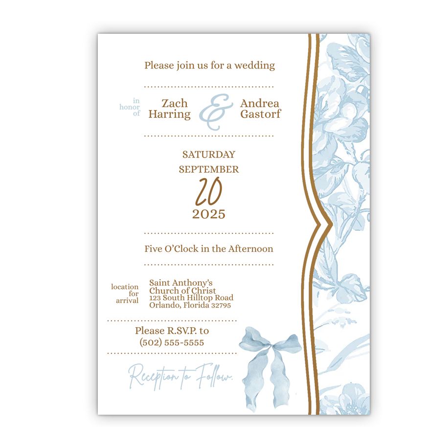 5x7 PRINTED Wedding Invitation - Light Blue and Gold Floral Tile Pattern Elegant Bow 002