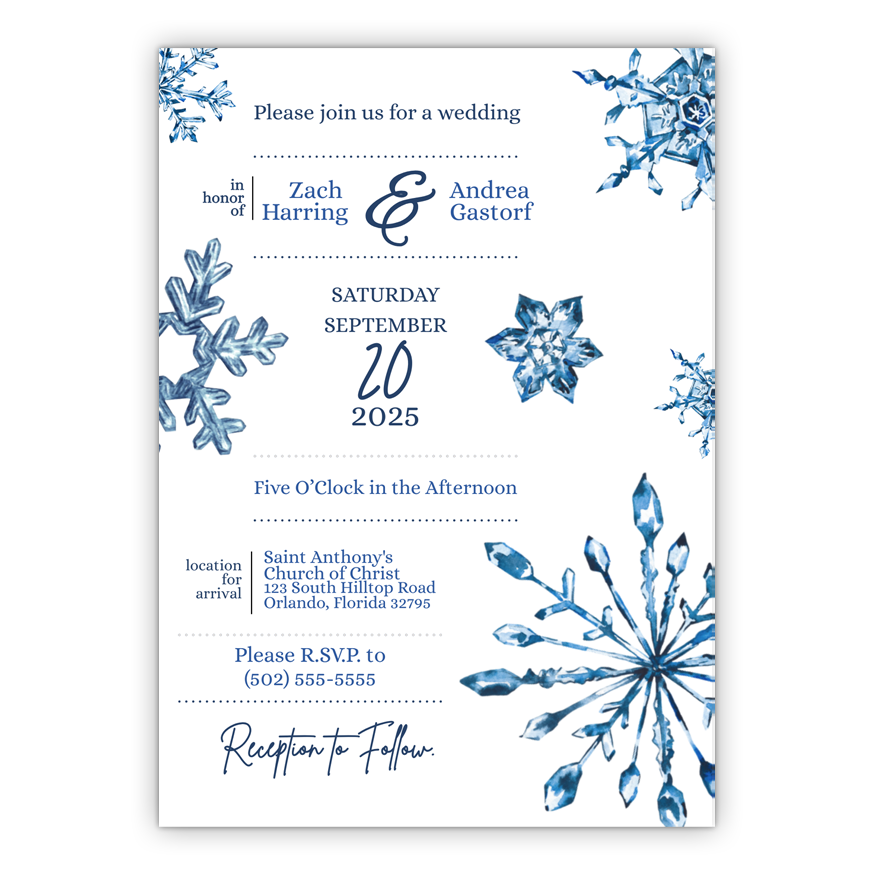 5x7 PRINTED Wedding Invitation - Blue and White Crystal Snowflakes Winter 002