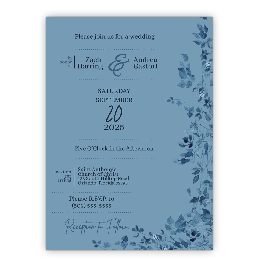 5x7 PRINTED Wedding Invitation - Blue Floral Flower Garland 002