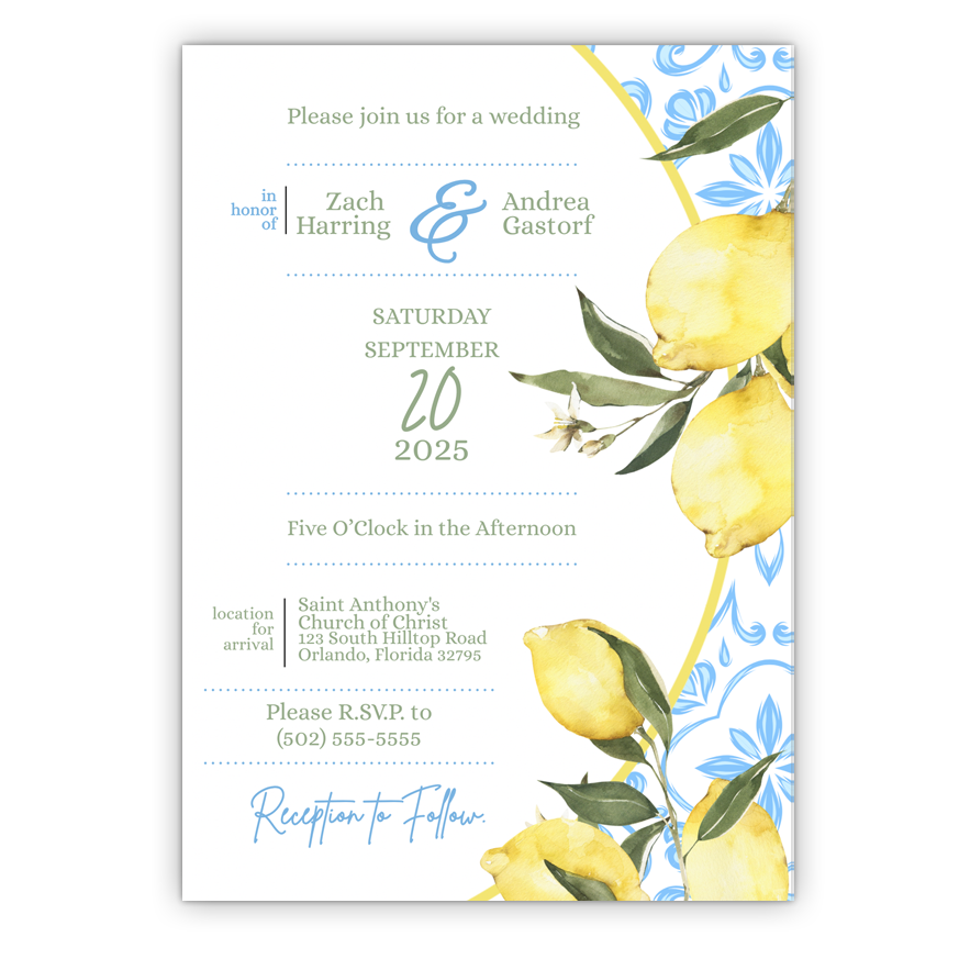 5x7 PRINTED Wedding Invitation - Blue, Yellow, and White Cute Lemons Damask Tile Pattern 002