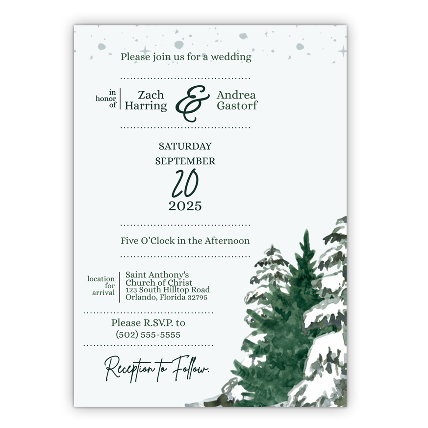 5x7 PRINTED Wedding Invitation - Green and White Winter Spruce Trees 002