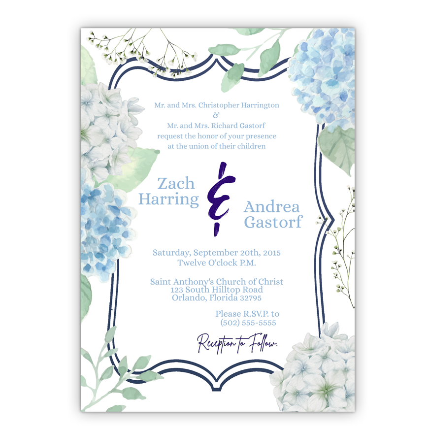 5x7 PRINTED Wedding Invitation - Blue and White Hydrangeas Floral Flowers 003