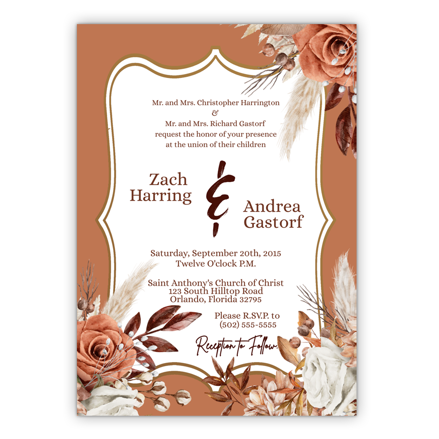 5x7 PRINTED Wedding Invitation - Brown Boho Bohemian Rust Floral Flowers 003