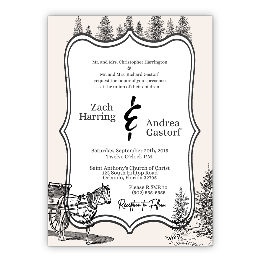 5x7 PRINTED Wedding Invitation - Cream and White Elegant Mansion Horse Carriage 003