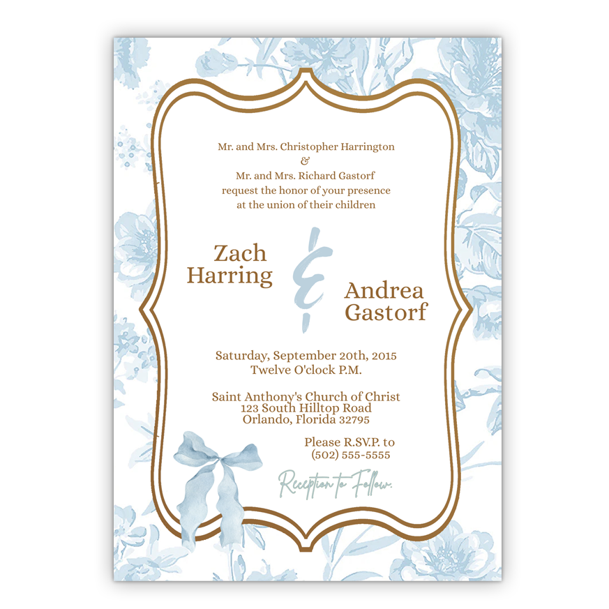 5x7 PRINTED Wedding Invitation - Light Blue and Gold Floral Tile Pattern Elegant Bow 003