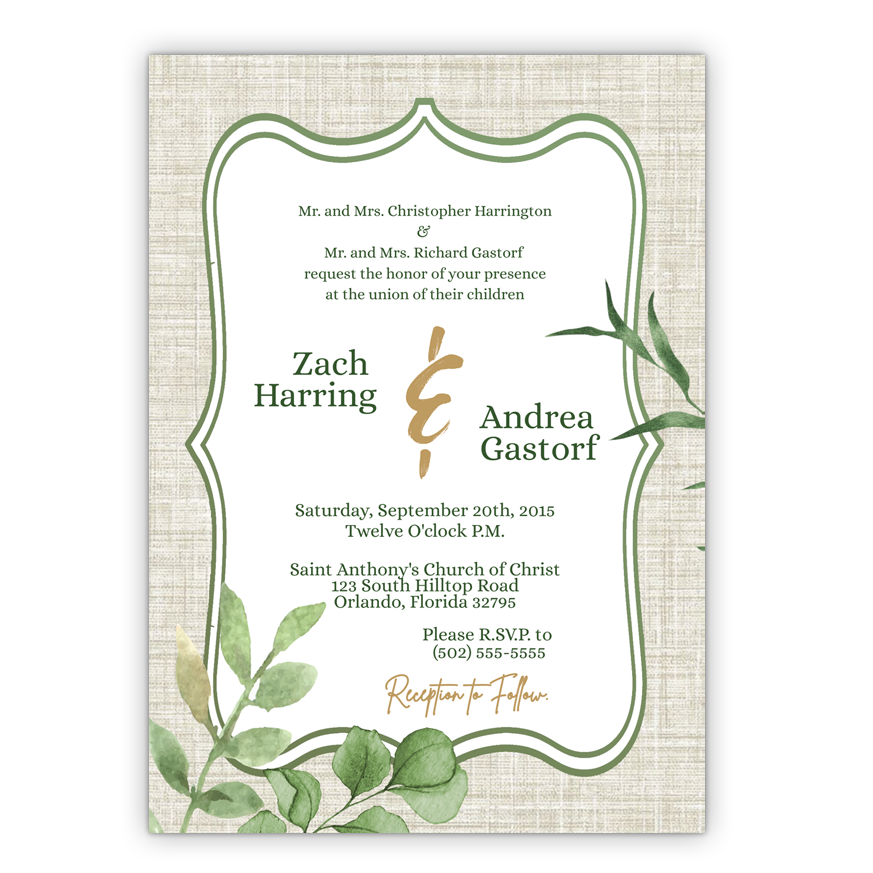 5x7 PRINTED Wedding Invitation - Green Botanical Leaves Gray Burlap Potato Sack 002