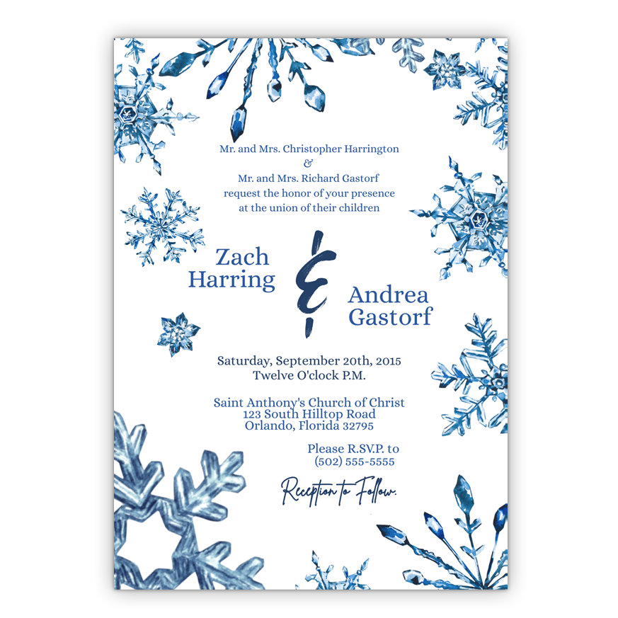 5x7 PRINTED Wedding Invitation - Blue and White Crystal Snowflakes Winter 003