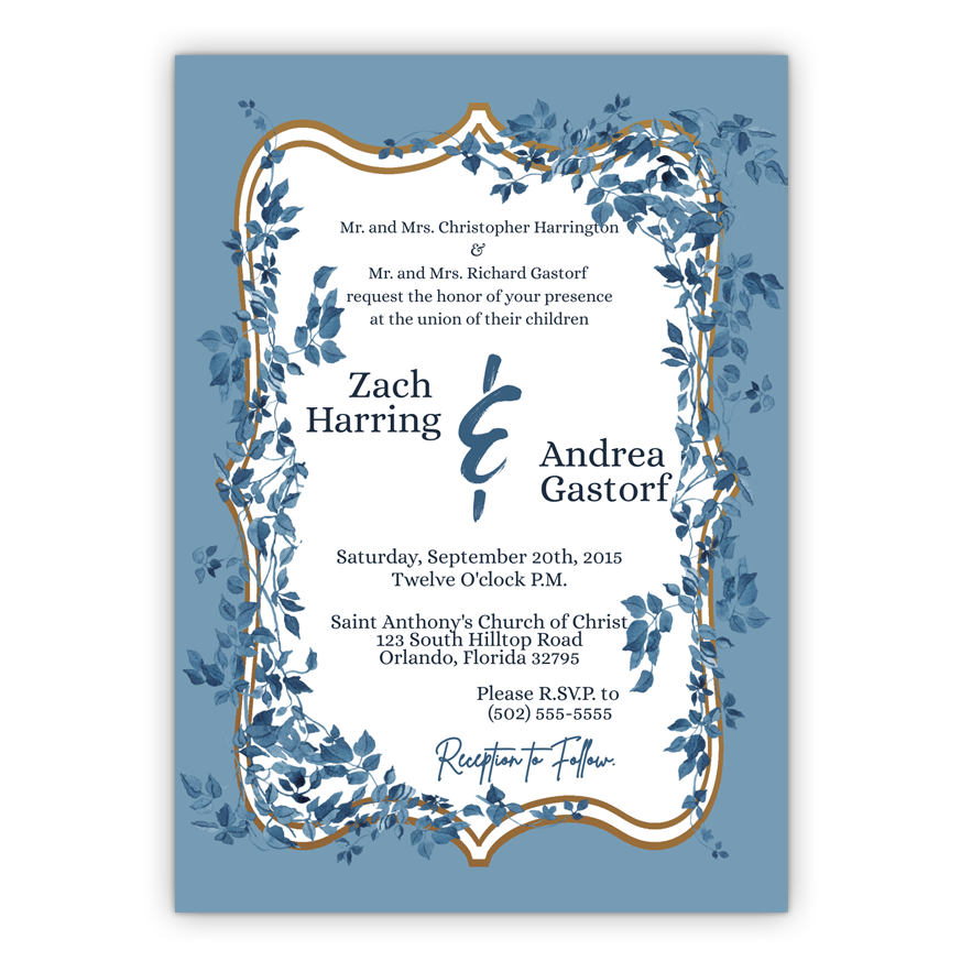 5x7 PRINTED Wedding Invitation - Blue Floral Flower Garland 003