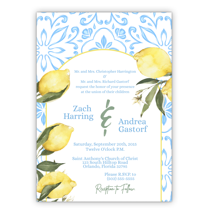 5x7 PRINTED Wedding Invitation - Blue, Yellow, and White Cute Lemons Damask Tile Pattern 003