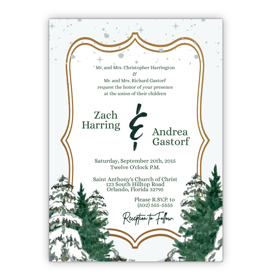 5x7 PRINTED Wedding Invitation - Green and White Winter Spruce Trees 003