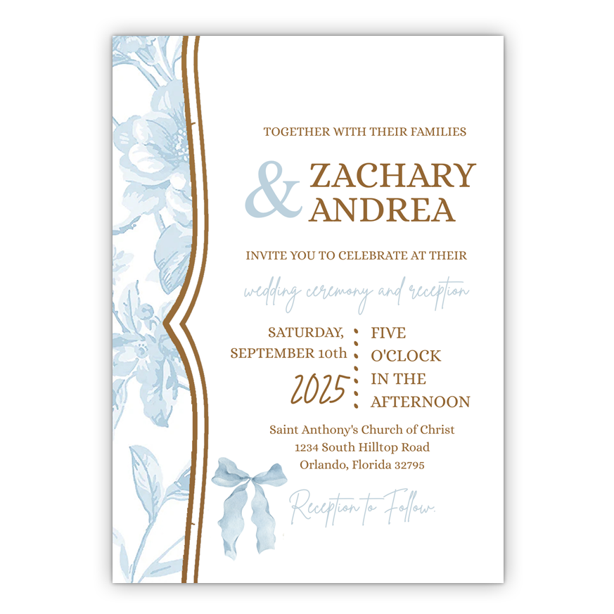 5x7 PRINTED Wedding Invitation - Light Blue and Gold Floral Tile Pattern Elegant Bow