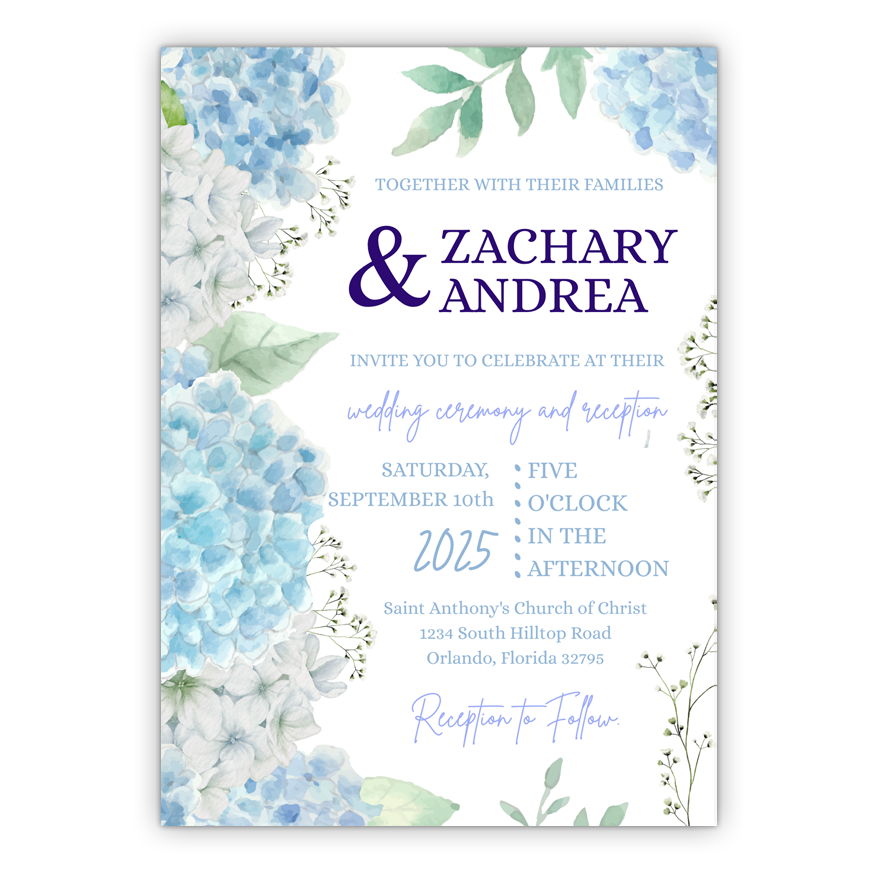 5x7 PRINTED Wedding Invitation - Blue and White Hydrangeas Floral Flowers