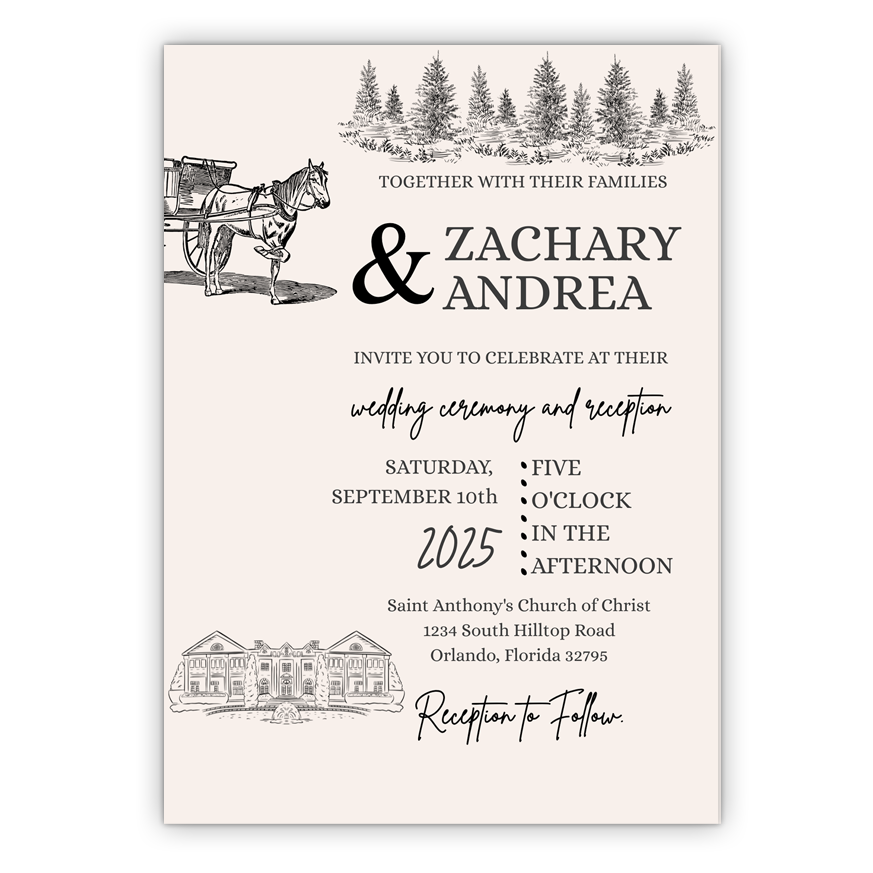 5x7 PRINTED Wedding Invitation - Cream and White Elegant Mansion Horse Carriage