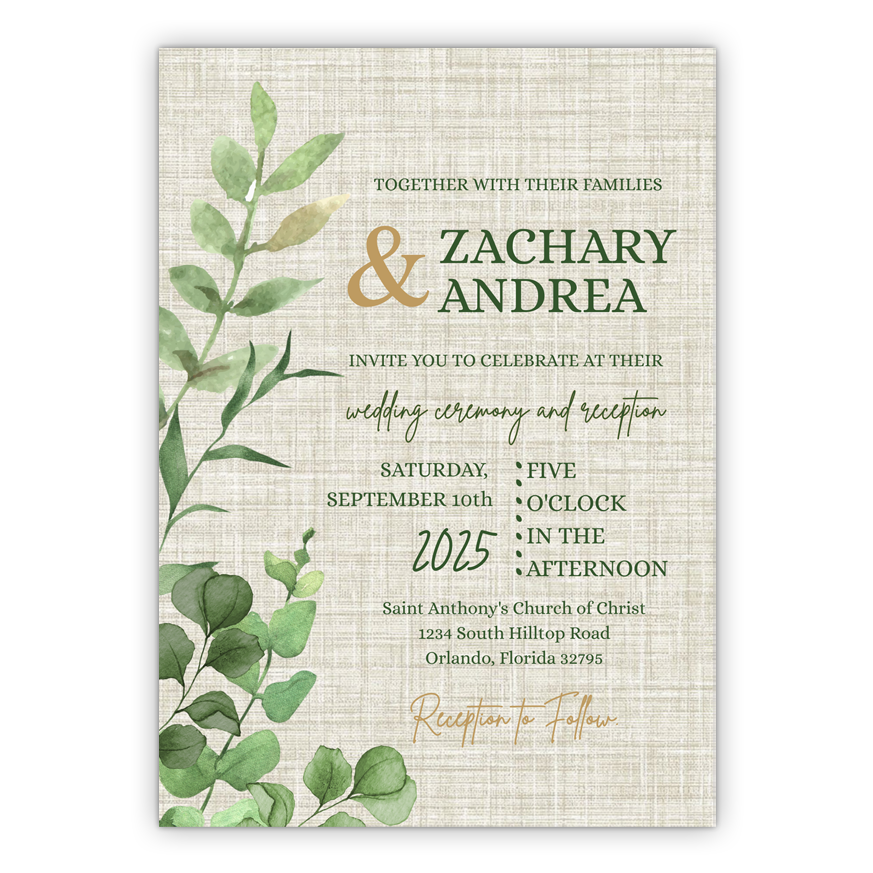 5x7 PRINTED Wedding Invitation - Green Botanical Leaves Gray Burlap Potato Sack