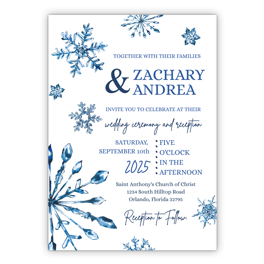 5x7 PRINTED Wedding Invitation - Blue and White Crystal Snowflakes Winter