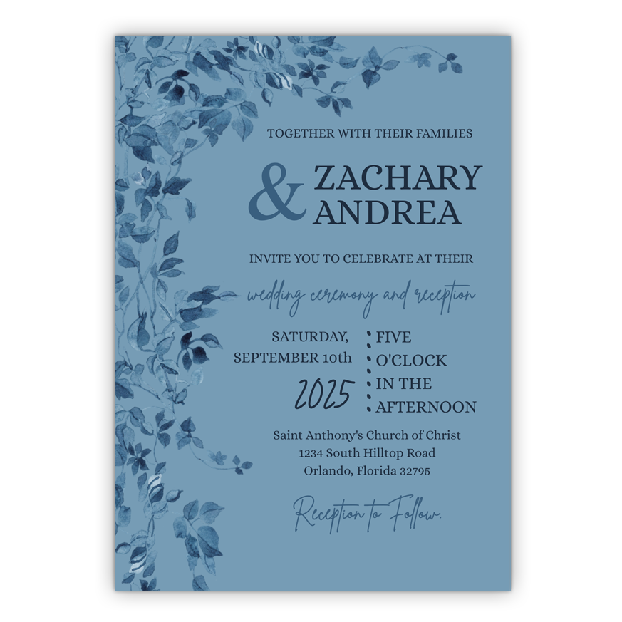 5x7 PRINTED Wedding Invitation - Blue Floral Flower Garland