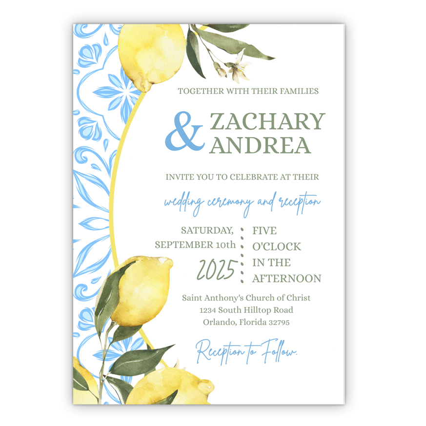 5x7 PRINTED Wedding Invitation - Blue, Yellow, and White Cute Lemons Damask Tile Pattern