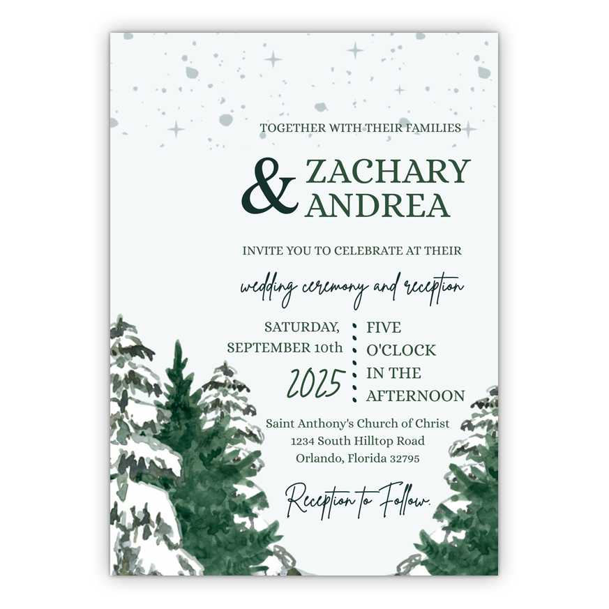 5x7 PRINTED Wedding Invitation - Green and White Winter Spruce Trees
