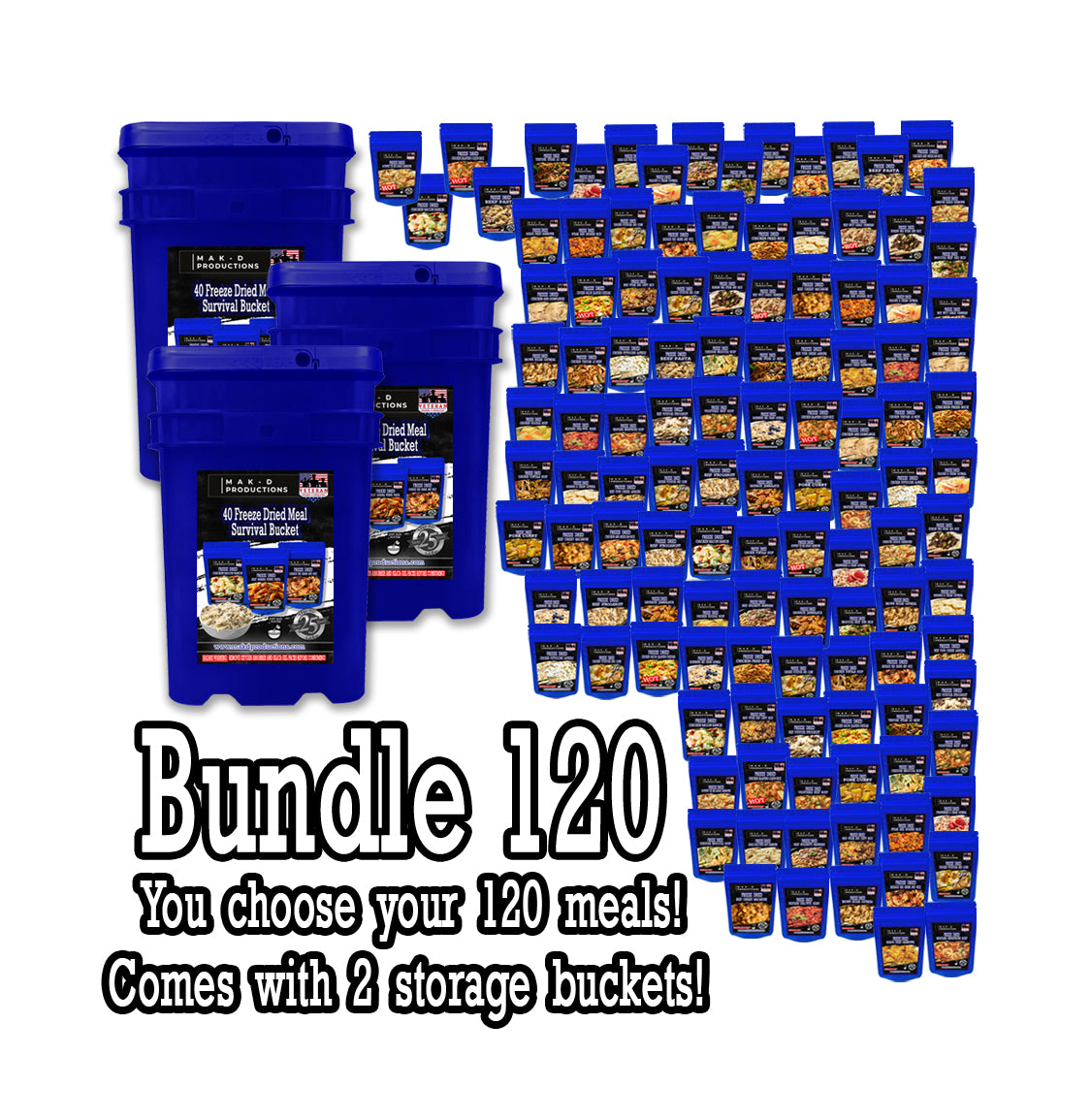 Freeze Dried Meal Pouches - Set of 120 Meals (3 of each type) for only $11.25 each (240 single servings) with THREE (3) Water/Air Tight Storage Buckets