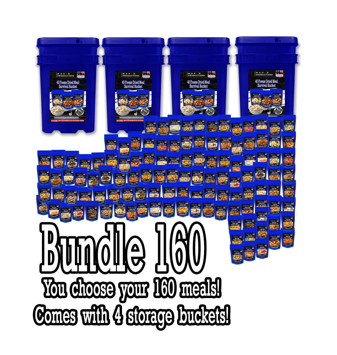 Freeze Dried Meal Pouches - Set of 160 Meals (4 of each type) for only $10.99 each (320 single servings) with FOUR (4) Water/Air Tight Storage Buckets
