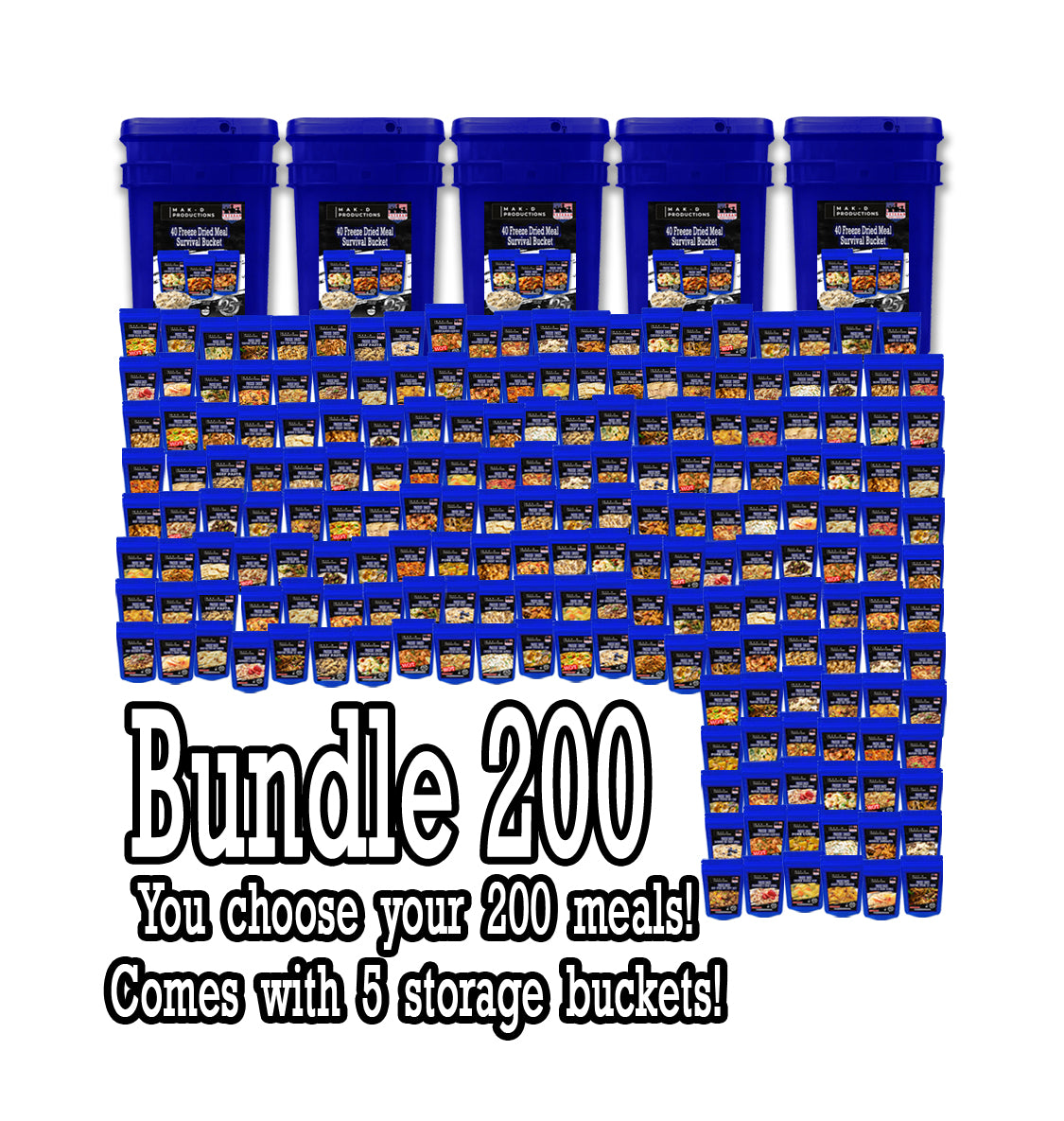 Freeze Dried Meal Pouches - Set of 200 Meals (5 of each type) for only $9.99 each (400 single servings) with FIVE (5) Water/Air Tight Storage Buckets