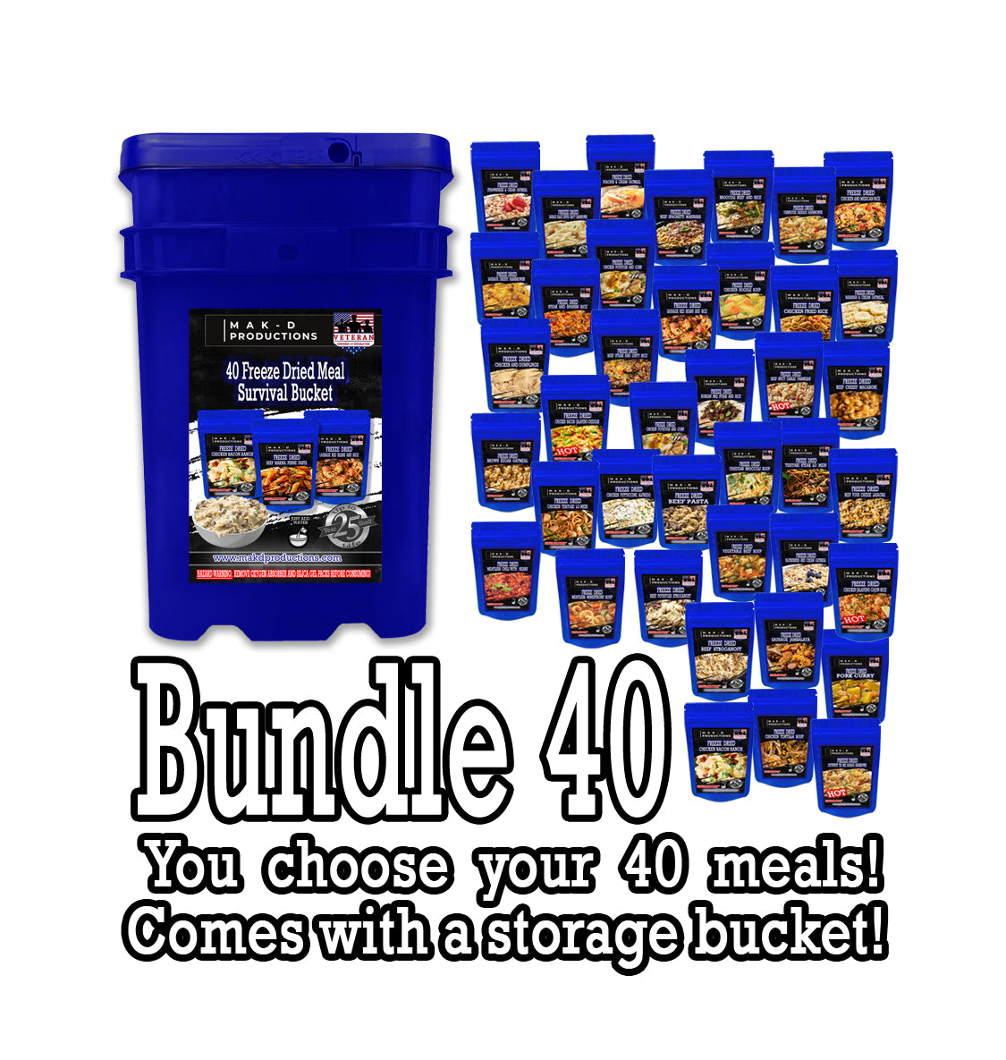 Freeze Dried Meal Pouches - Set of 40 Meals for only $12.25 each (80 single servings) with ONE (1) Water/Air Tight Storage Buckets