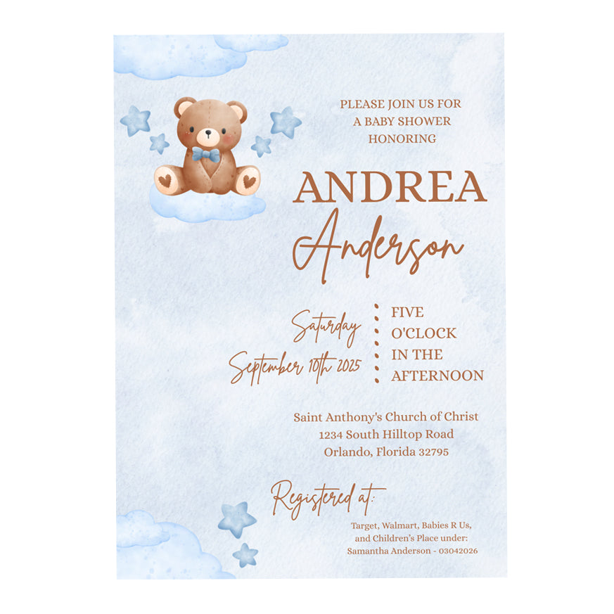 5x7 PRINTED Baby Shower Invitation - SAMPLE - Blue Baby Boy Bear on Cloud