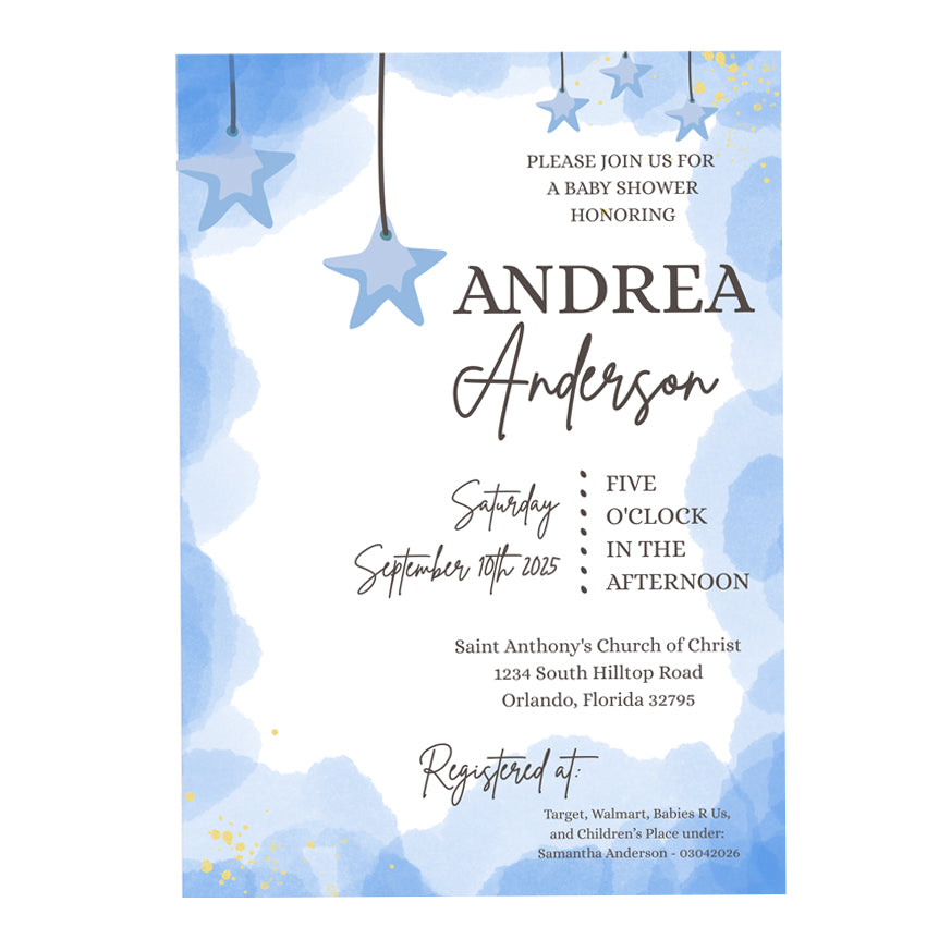 5x7 PRINTED Baby Shower Invitation - Baby Boy Blue Star Clouds