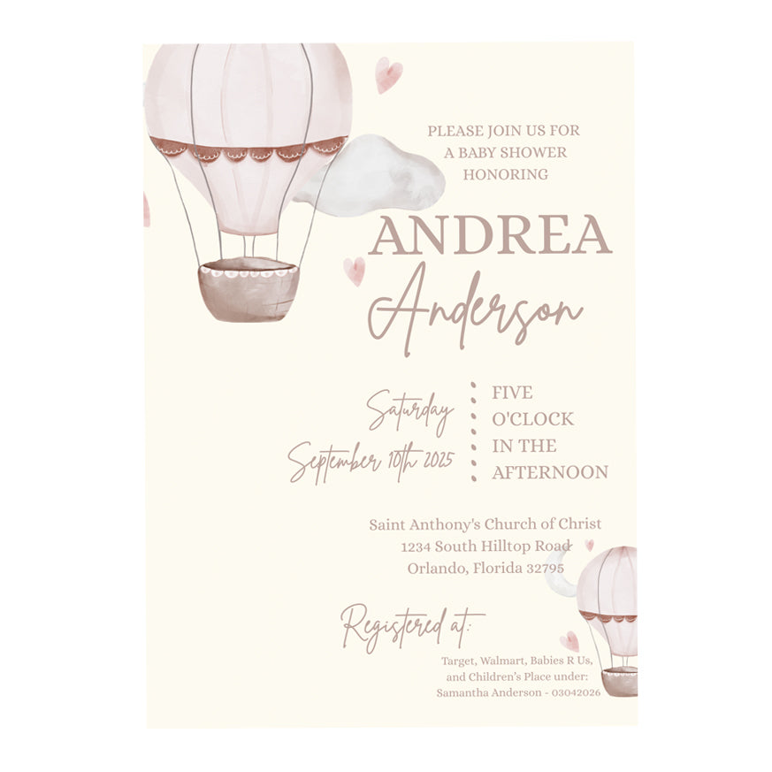 5x7 PRINTED Baby Shower Invitation - Baby Girl Pink Hot Air Balloon