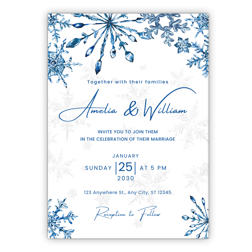 5x7 PRINTED Wedding Invitation - Blue and White Crystal Snowflakes Winter 004