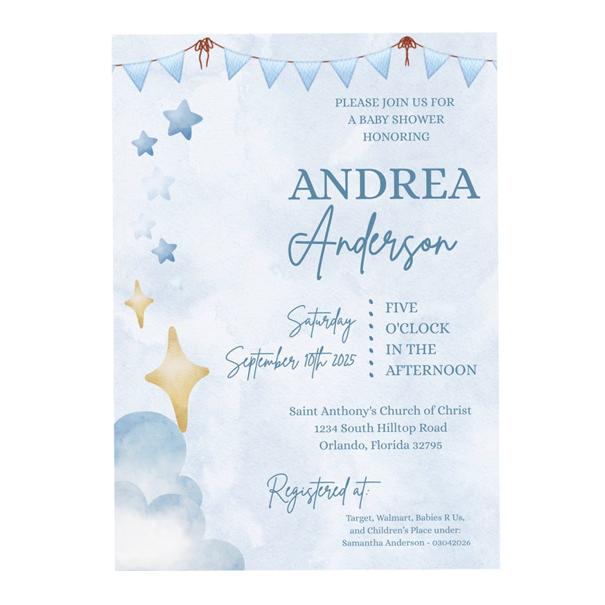 5x7 PRINTED Baby Shower Invitation - Baby Boy Blue Cloud Star Banner