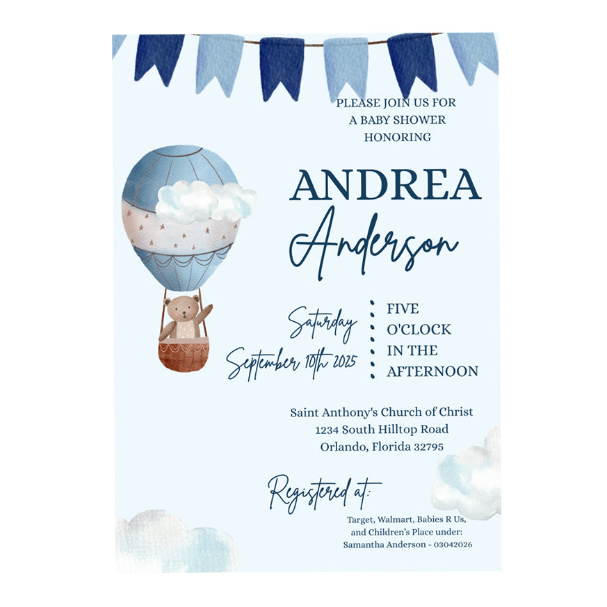 5x7 PRINTED Baby Shower Invitation - Baby Boy Blue Bear Hot Air Balloon