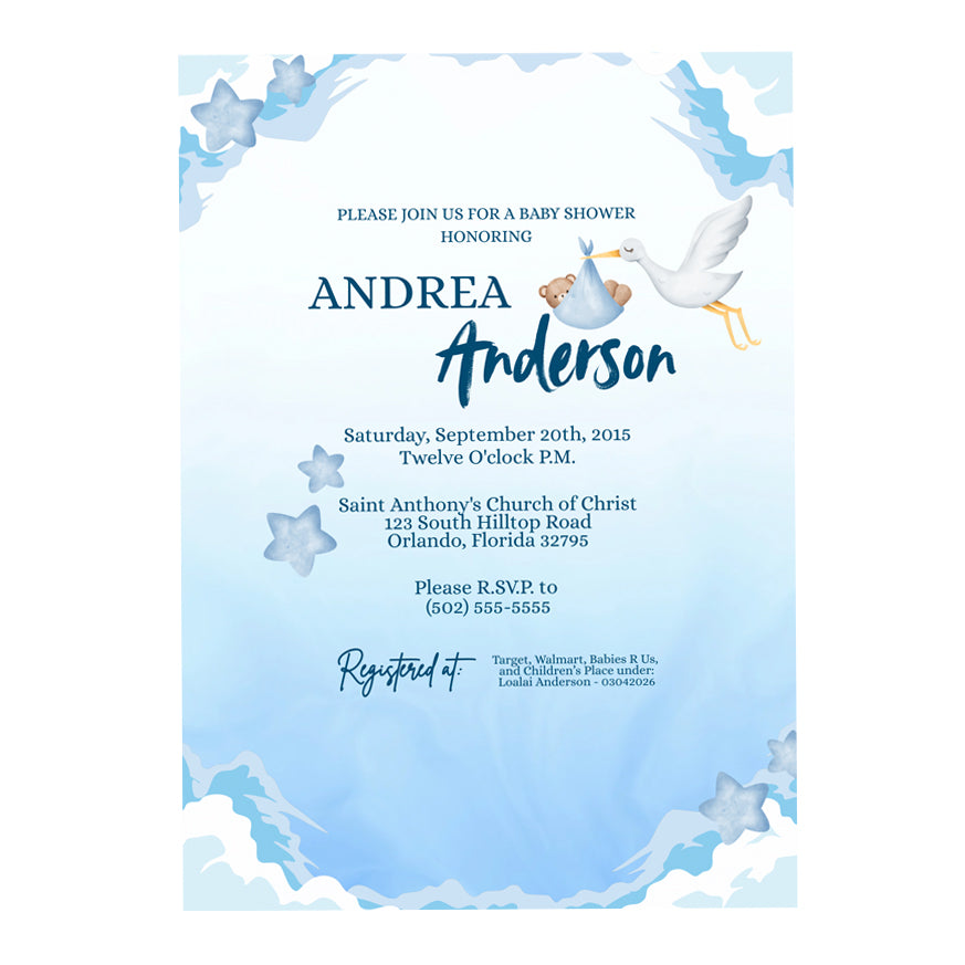 5x7 PRINTED Baby Shower Invitation - Baby Boy Blue Stork