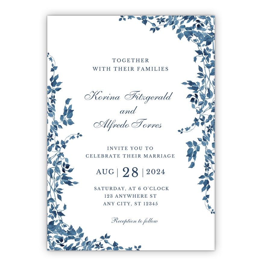 5x7 PRINTED Wedding Invitation - Blue Floral Flower Garland 004