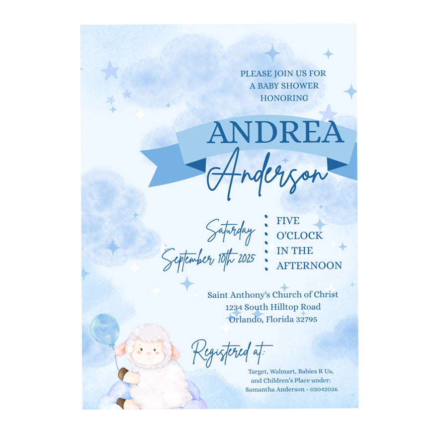 5x7 PRINTED Baby Shower Invitation - Baby Boy Blue Watercolor Sheep With Balloon