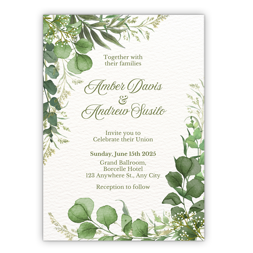 5x7 PRINTED Wedding Invitation - Green Botanical Leaves Gray Burlap Potato Sack 003