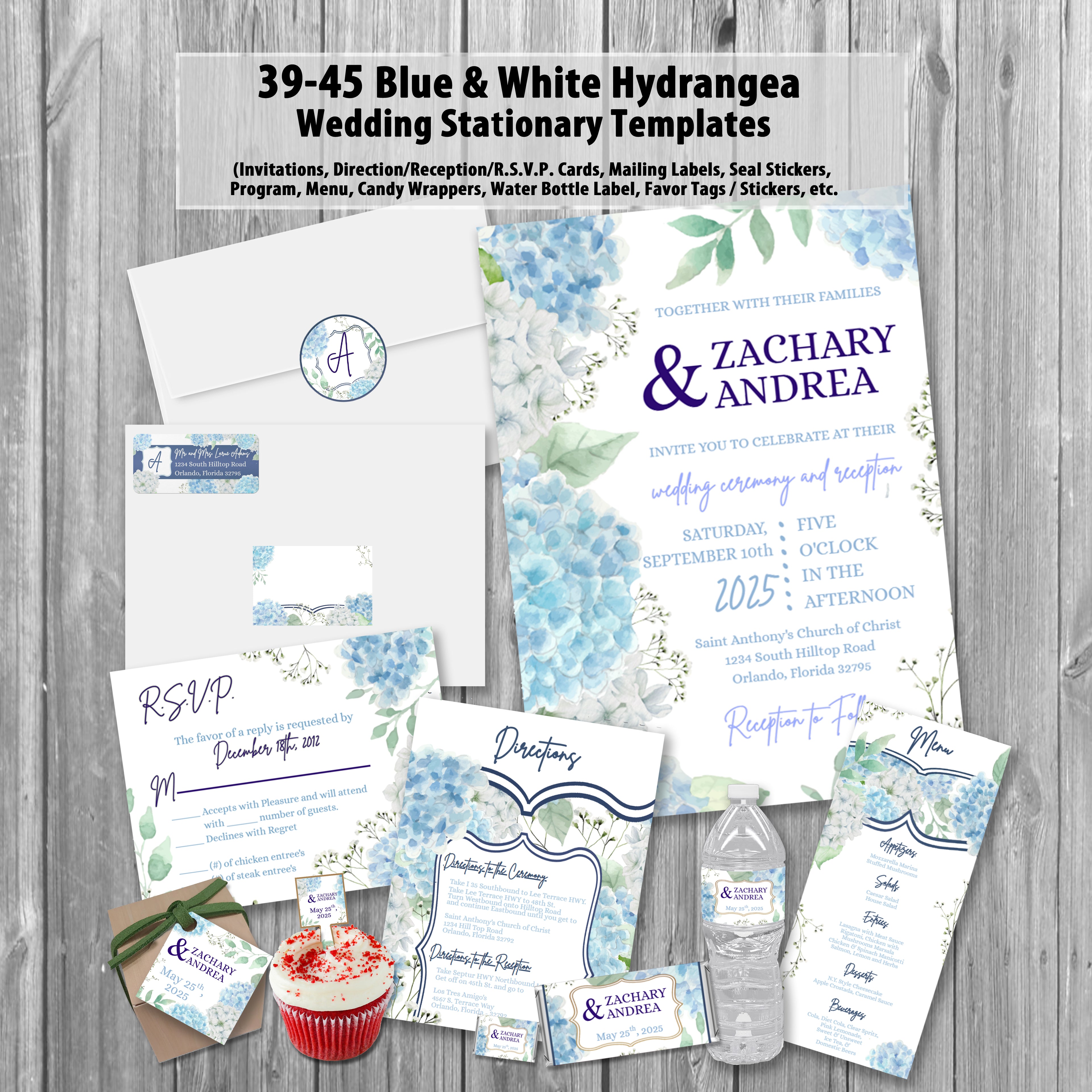 39-45 Wedding Stationary Set - Blue and White Hydrangea