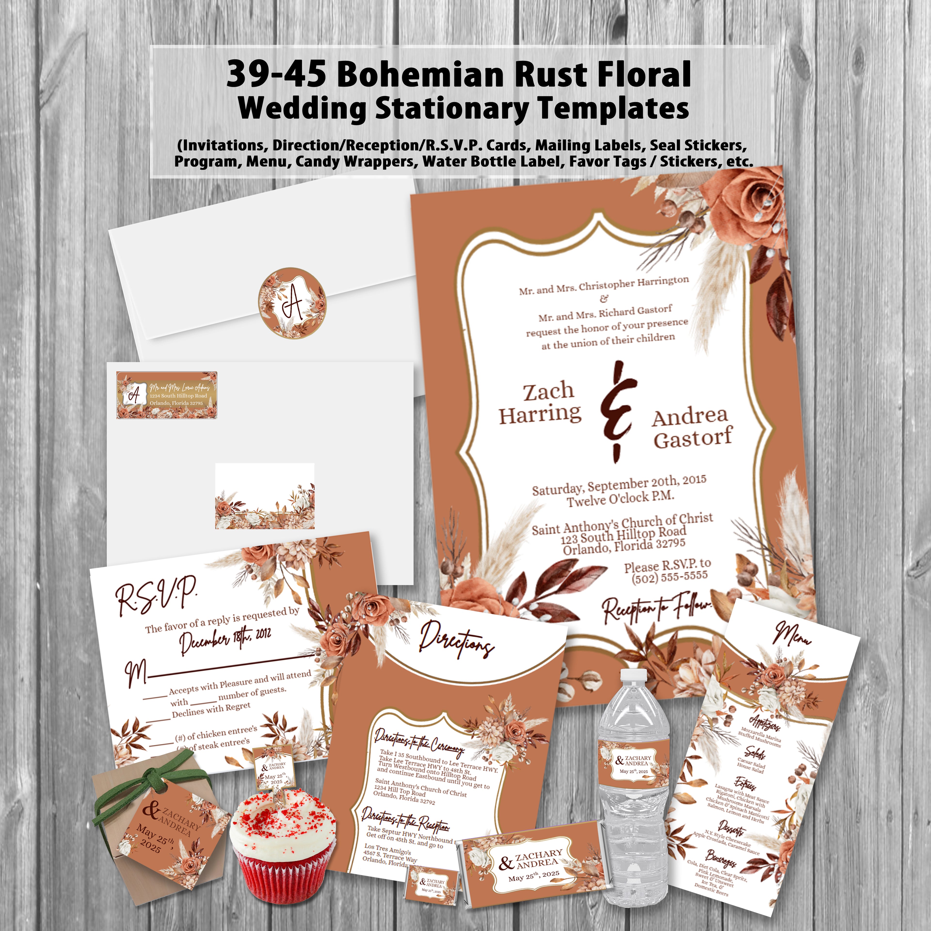39-45 Wedding Stationary Set - Brown Bohemian Rust Floral