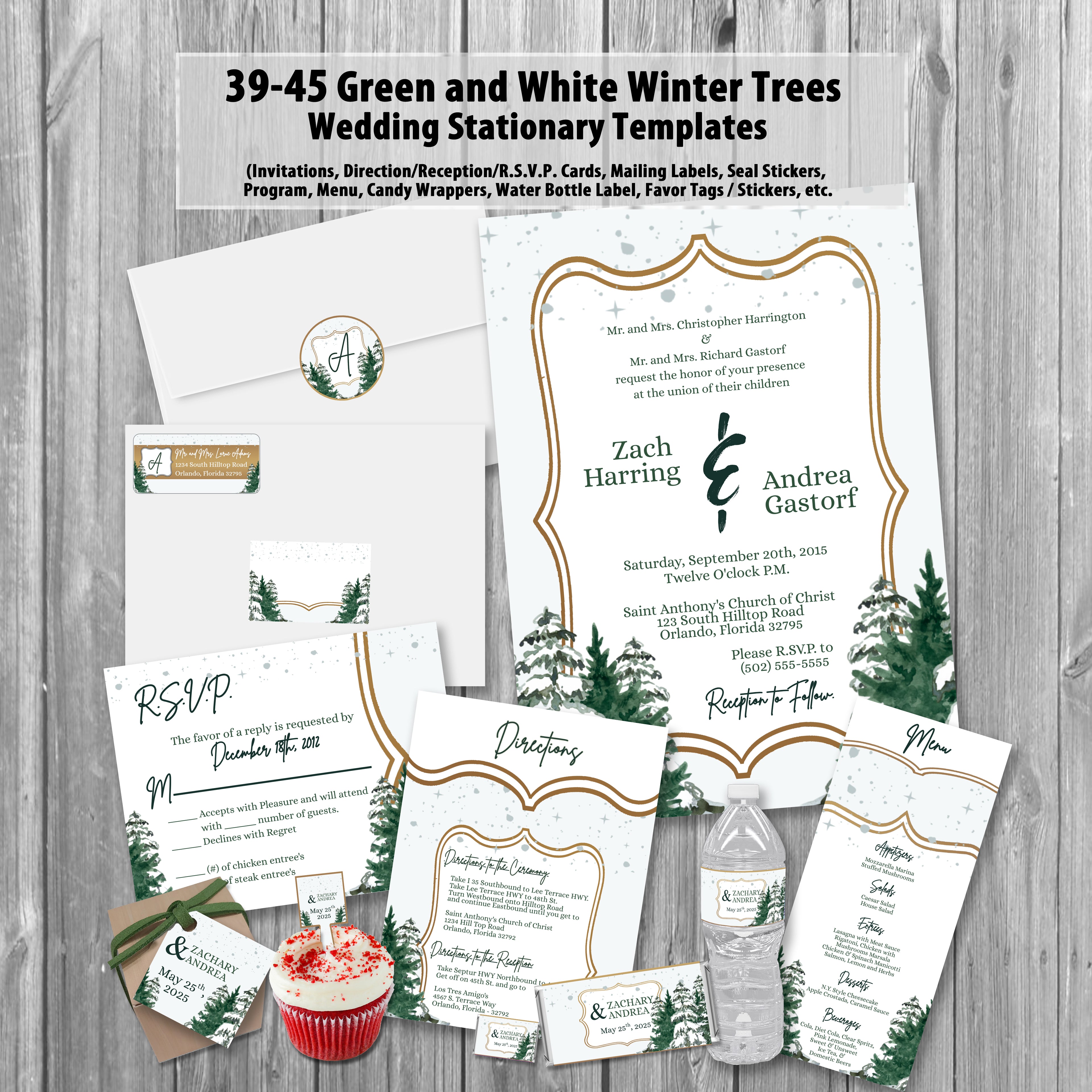 39-45 Wedding Stationary Set - Green and White Winter Trees