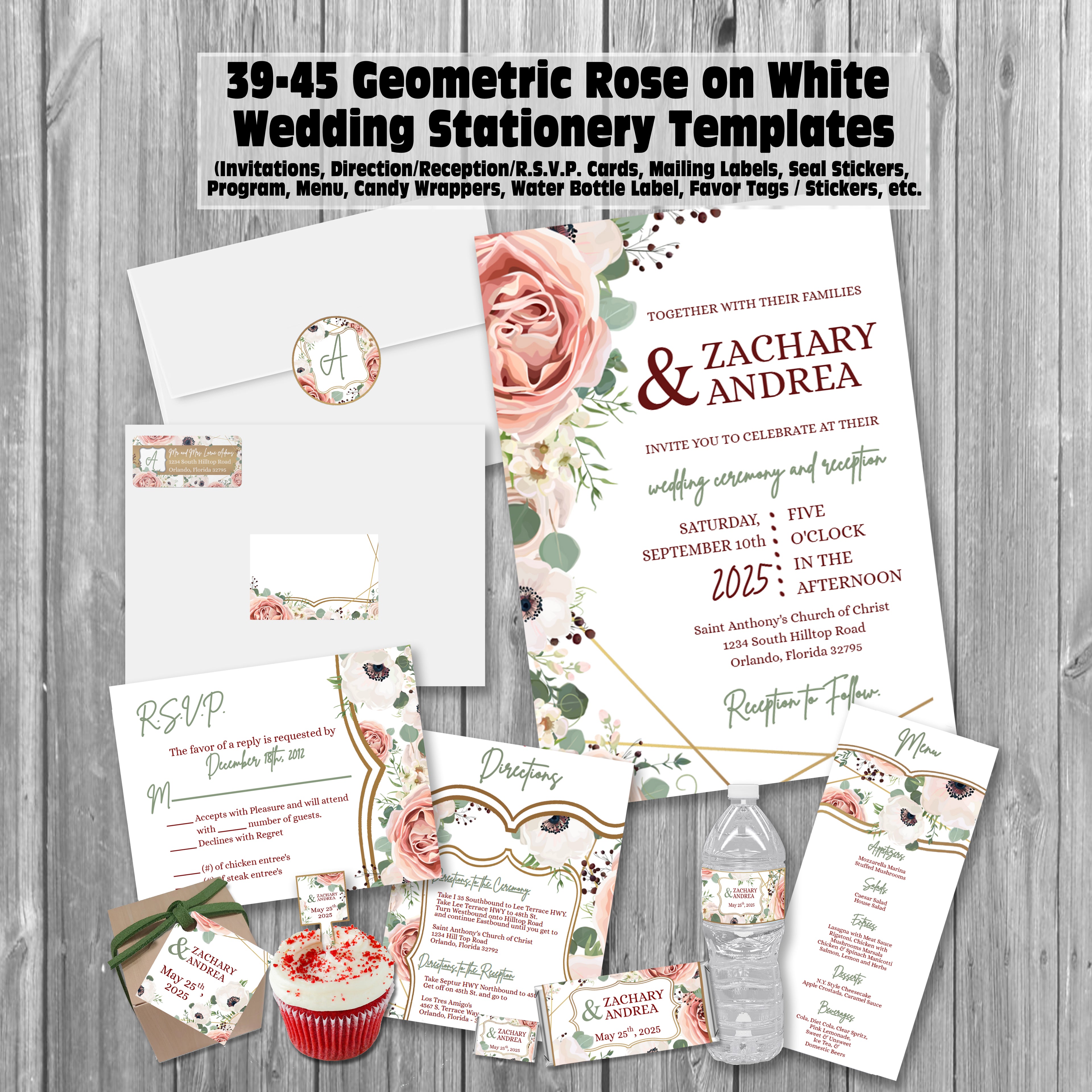 39-45 Wedding Stationary Set - Geometric Rose on White