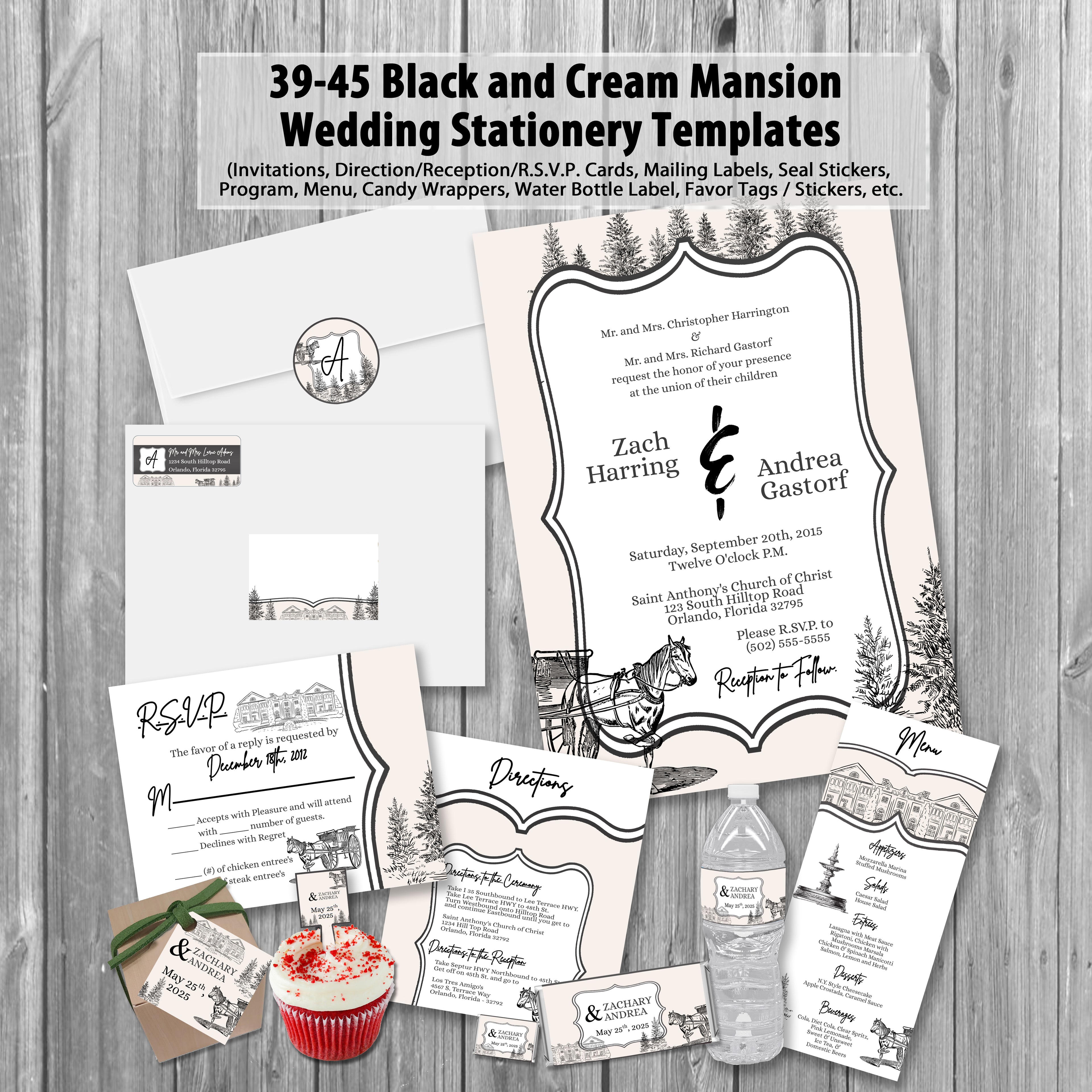 39-45 Wedding Stationary Set - Cream and Black Mansion Horse Carriage